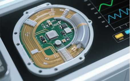 Advanced ultra-thin PCB integrated into a high-tech medical or industrial device showing innovative electronic assembly.