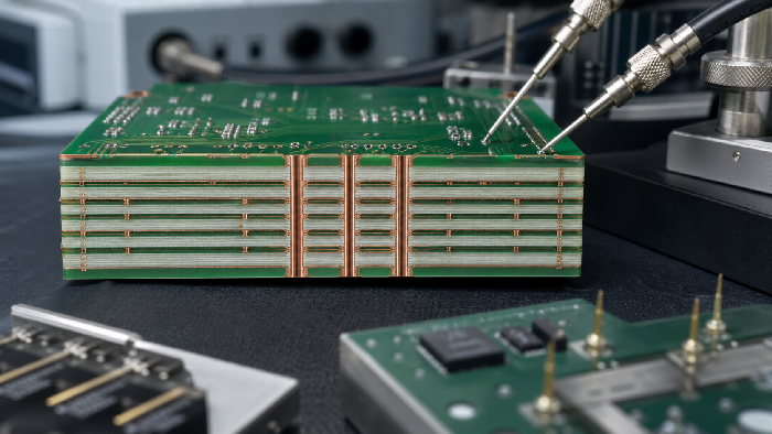 Stack of green printed circuit boards (PCBs) stacked on a lab bench, with test probes touching the top board.