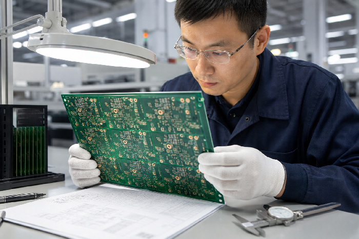 Engineer in safety glasses and gloves inspecting a green printed circuit board under a bright lab lamp at a workbench.