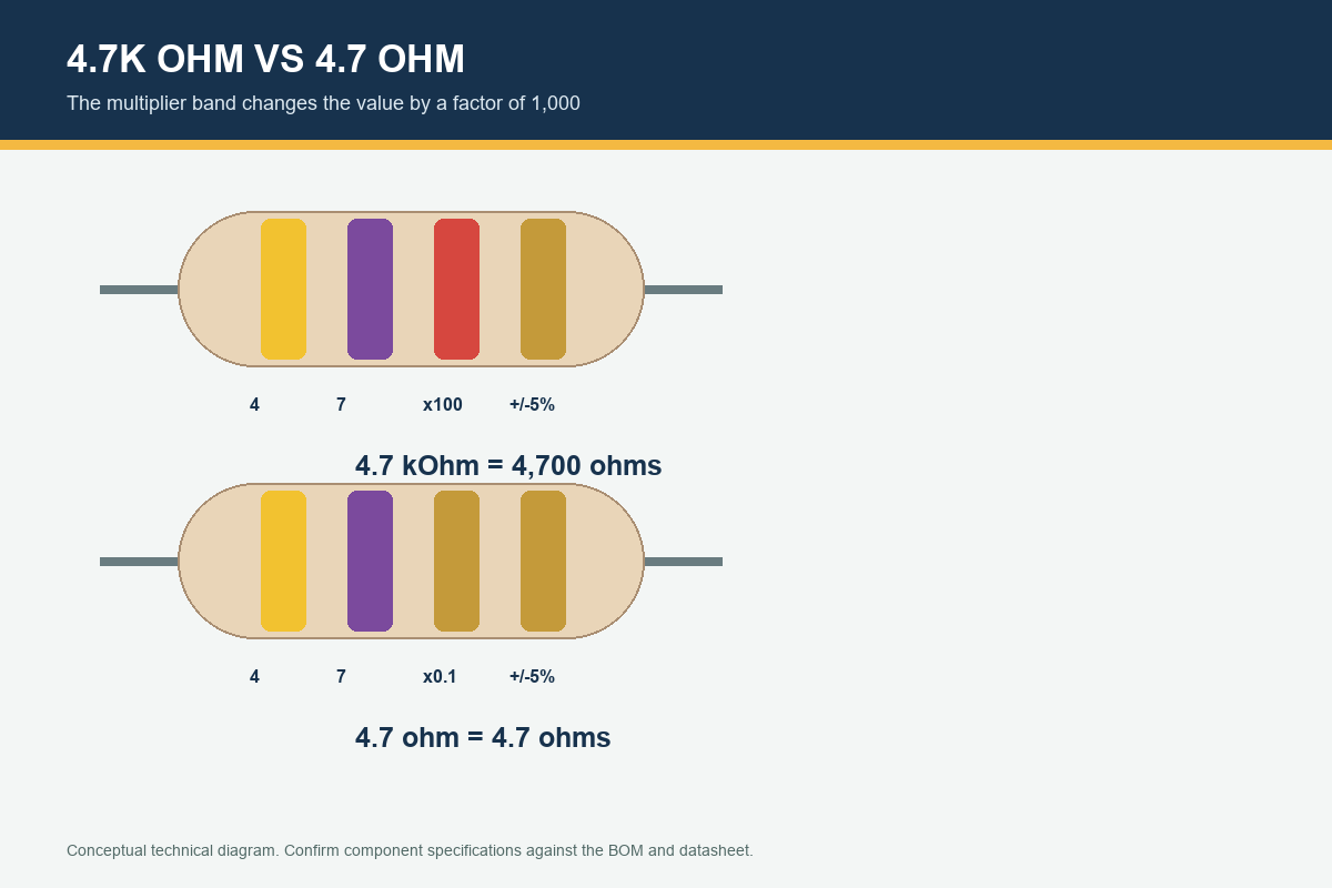 Comparison diagram showing the red multiplier for 4.7k ohm and gold multiplier for 4.7 ohm.