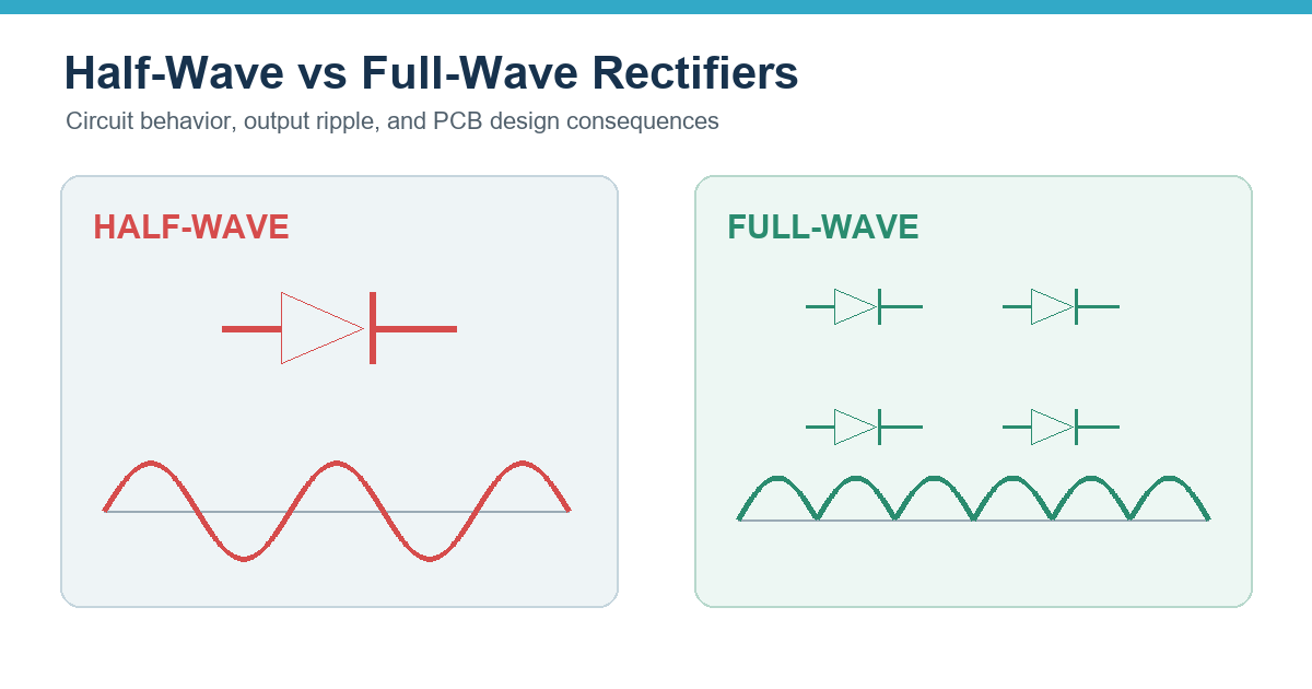 Half-wave and full-wave rectifier comparison with diode circuits and output waveforms