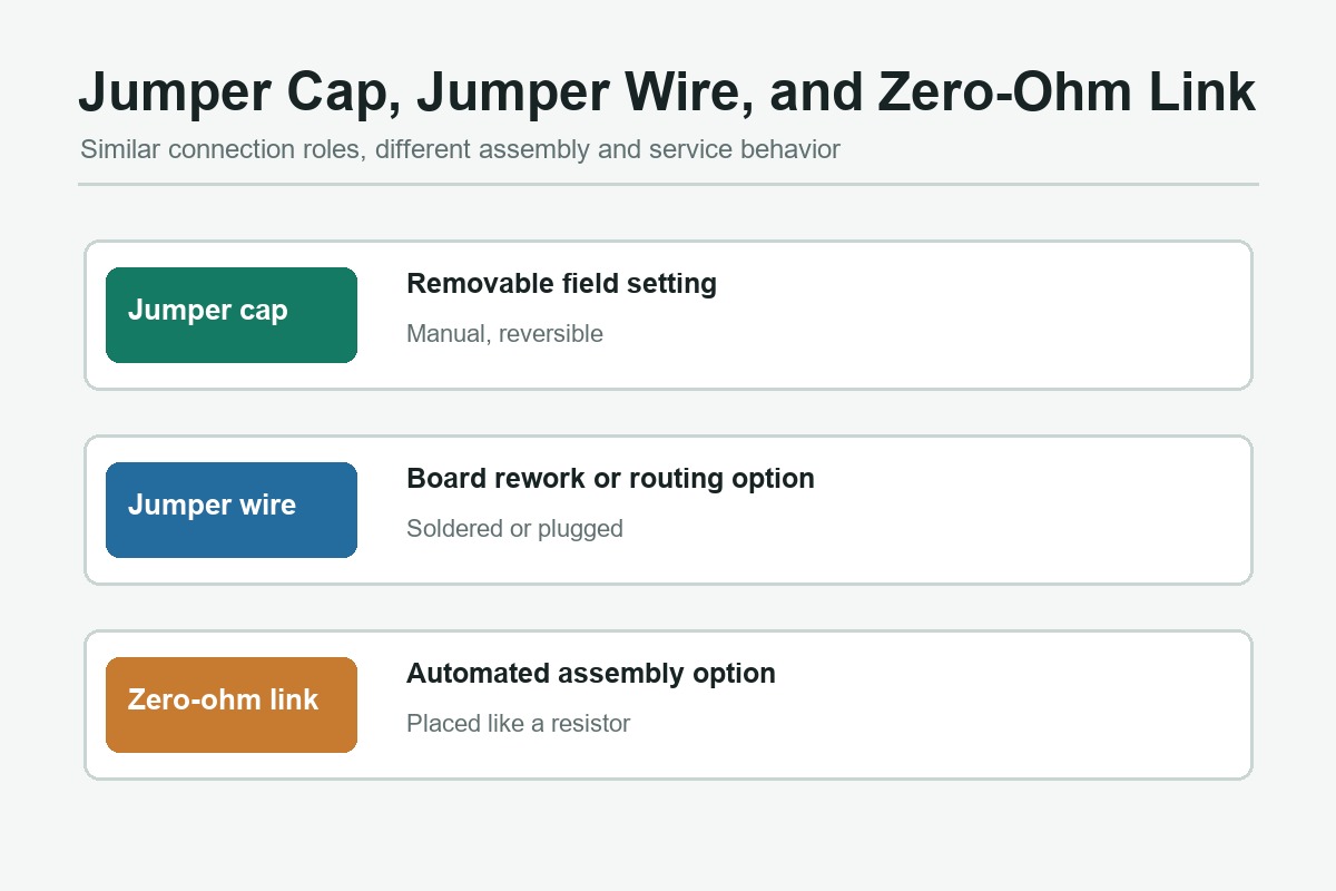 Comparison of a jumper cap, jumper wire, and zero-ohm link