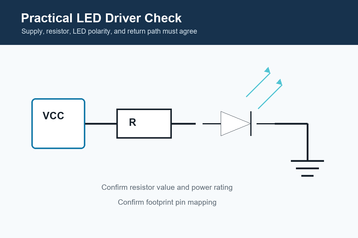 LED driver schematic with supply, current-limiting resistor, LED, and ground