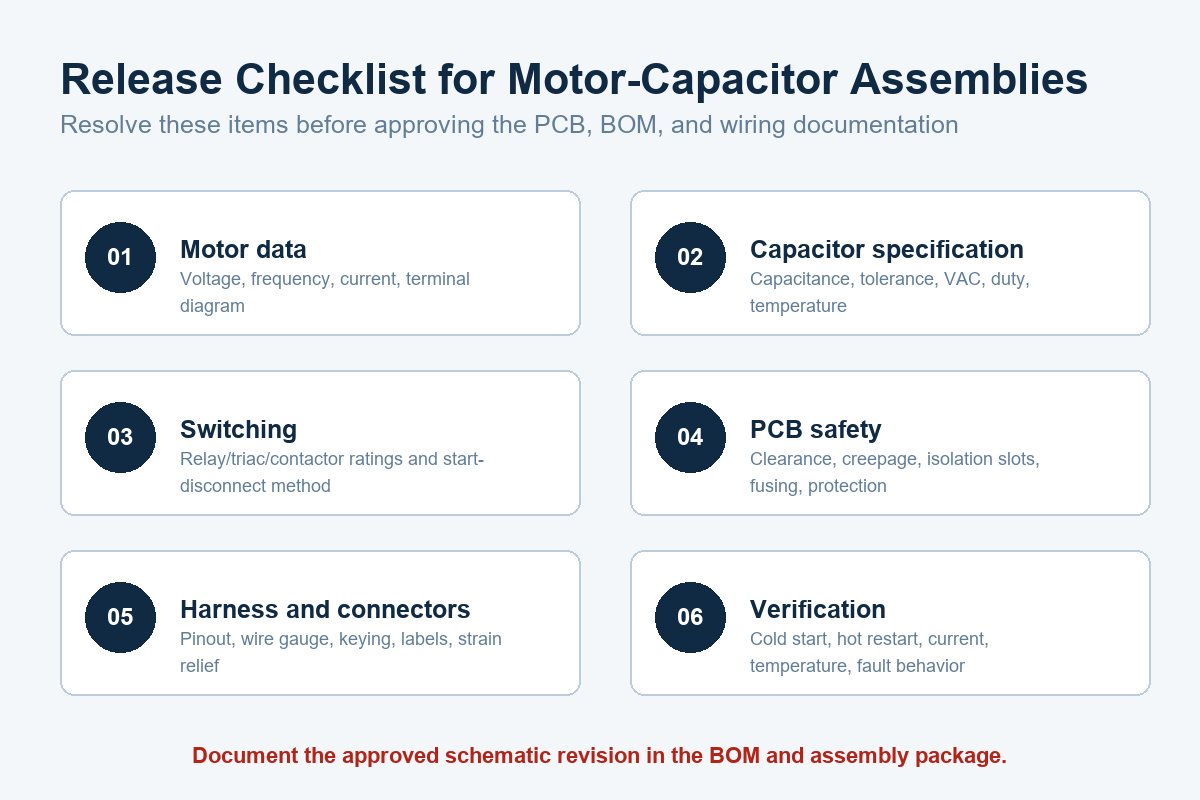 Design release checklist for motor capacitor PCB assemblies