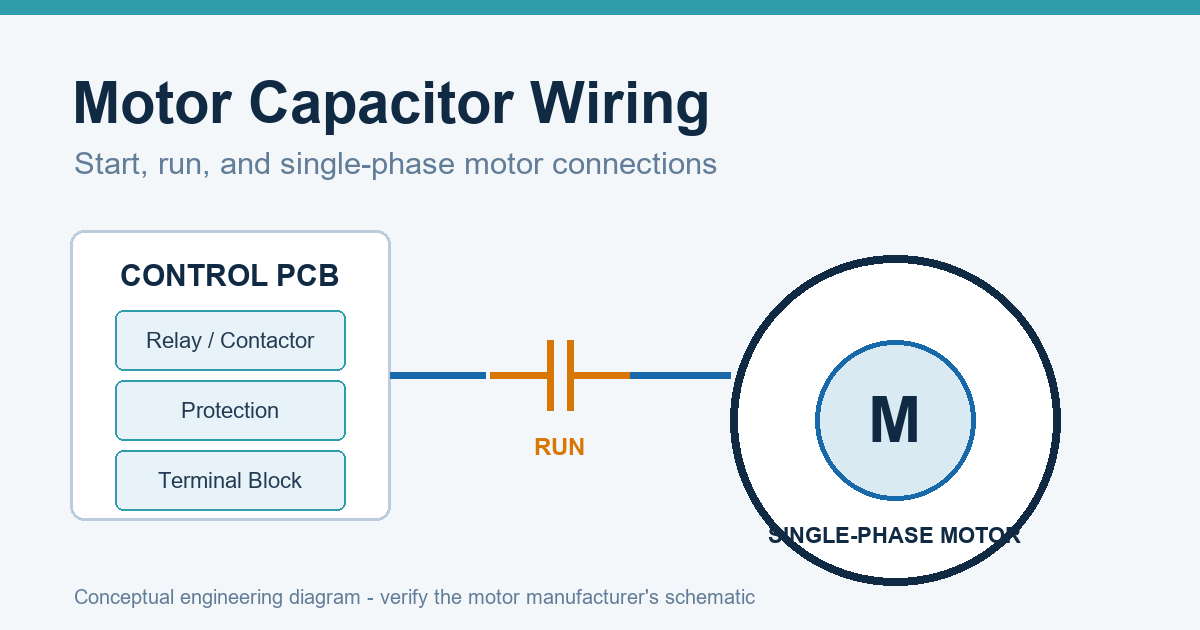 Motor capacitor wiring diagram connecting a control PCB, run capacitor, and single-phase motor