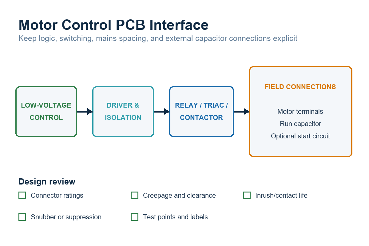 Motor control PCB interface to relay motor and external capacitor
