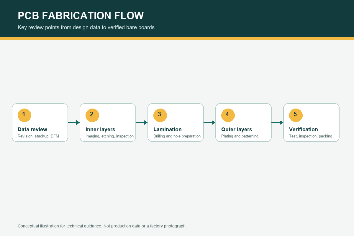 Conceptual PCB fabrication flow from data review through verification.