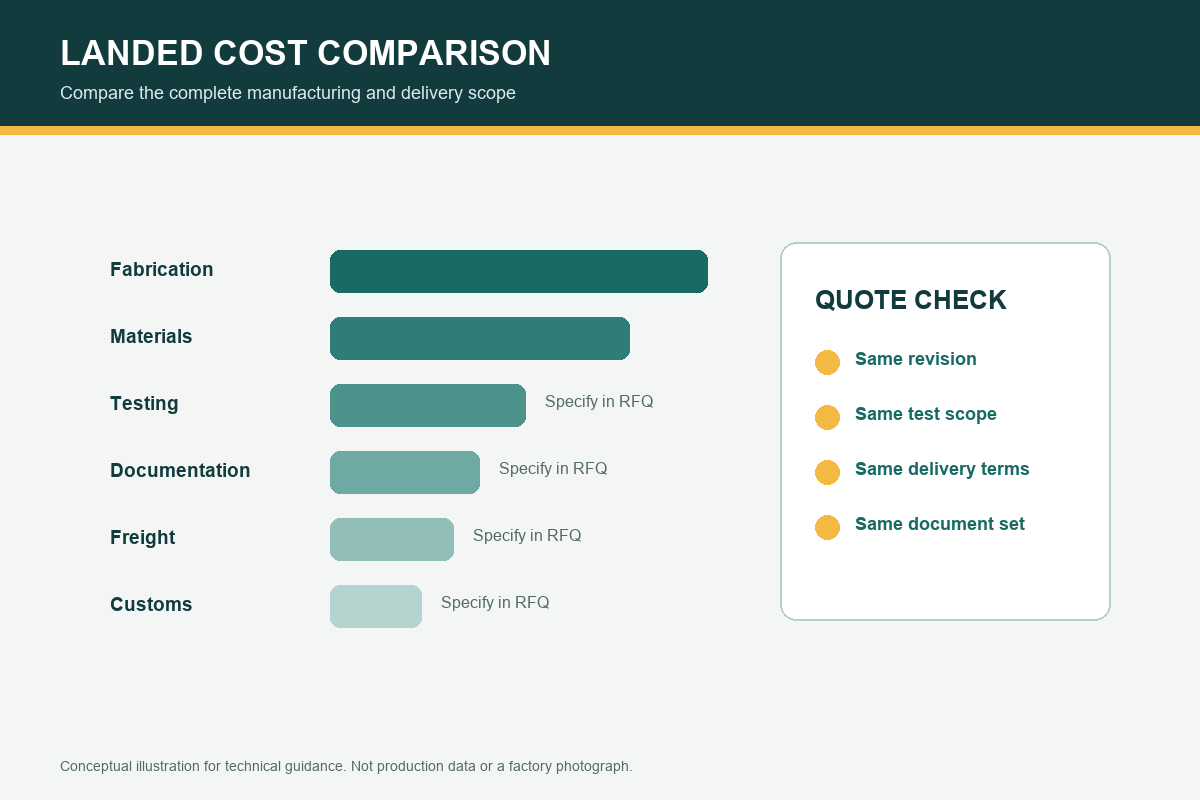 Conceptual landed cost comparison for PCB fabrication, materials, testing, documentation, freight, and customs.