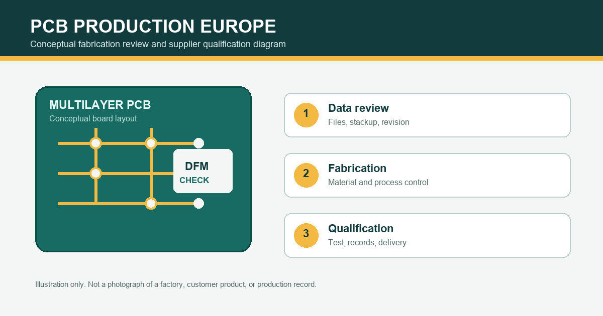 Conceptual illustration of PCB fabrication review and supplier qualification for European electronics programs.