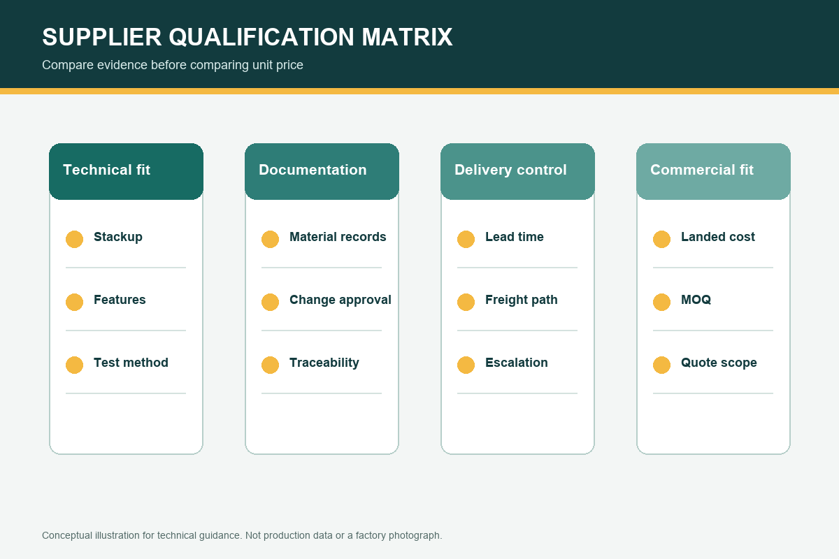 Conceptual supplier qualification matrix for technical fit, documentation, delivery control, and commercial fit.