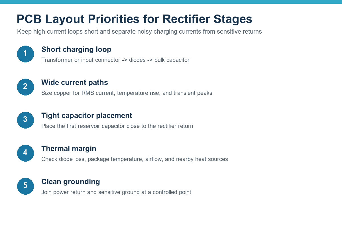 Five PCB layout priorities for diode rectifier and filter capacitor stages