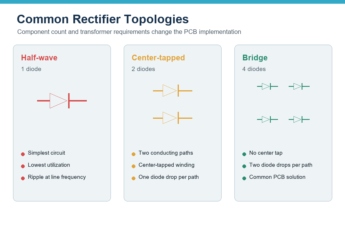 Comparison of half-wave, center-tapped full-wave, and bridge rectifier topologies