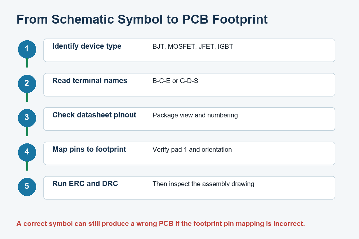 Checklist for mapping a schematic transistor symbol to a PCB footprint