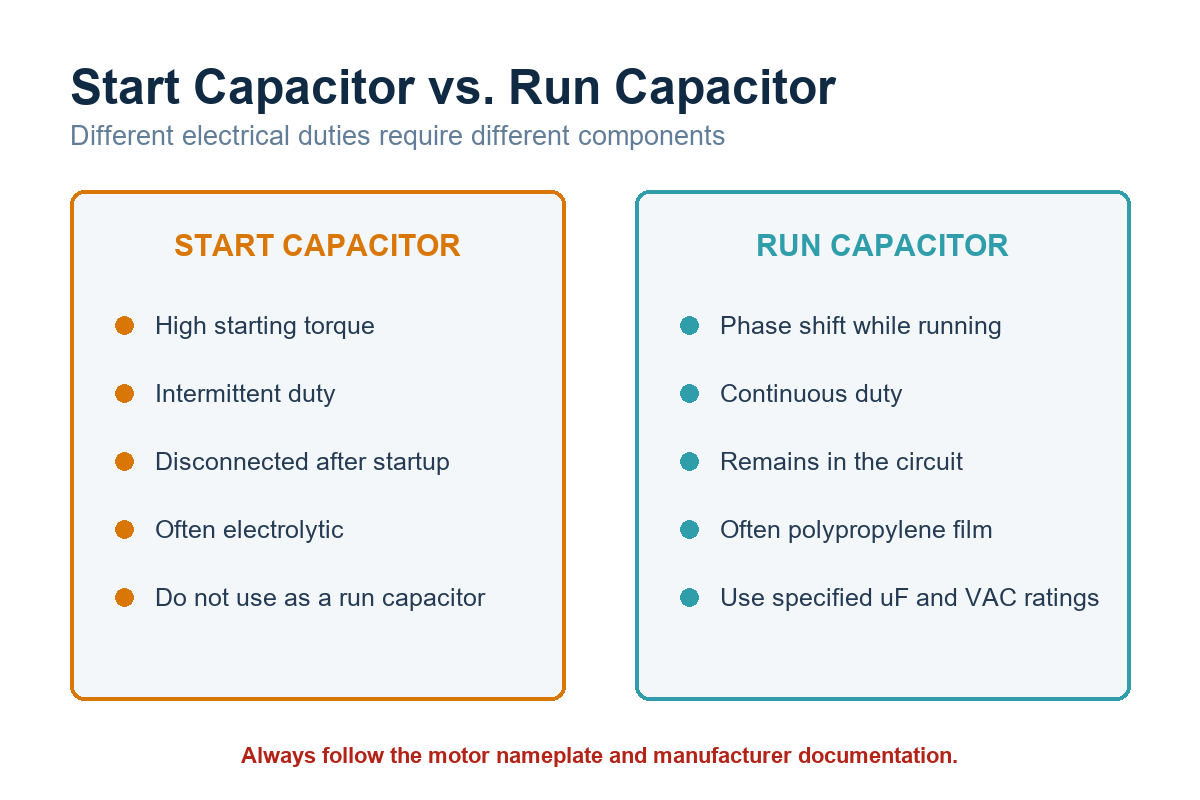 Comparison of start capacitor and run capacitor electrical duties