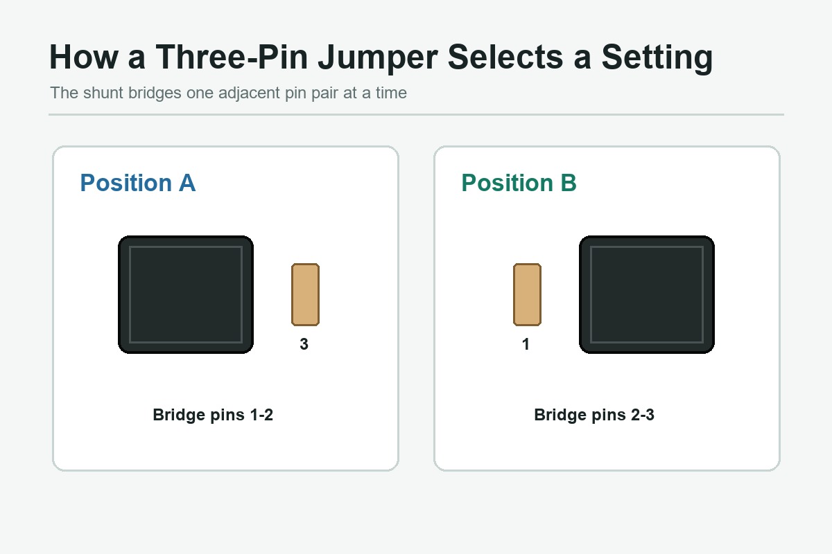 Three-pin jumper selecting pins 1-2 or pins 2-3