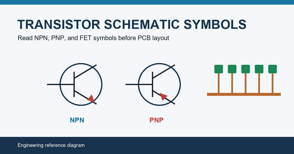 Transistor schematic symbols for NPN and PNP devices beside a PCB layout motif