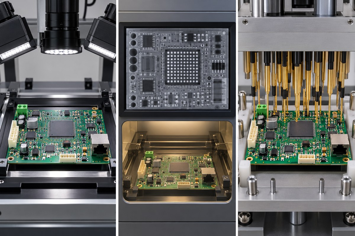 Three-zone comparison of AOI cameras, enclosed X-ray inspection, and in-circuit probes evaluating a labeling-machine controller PCBA