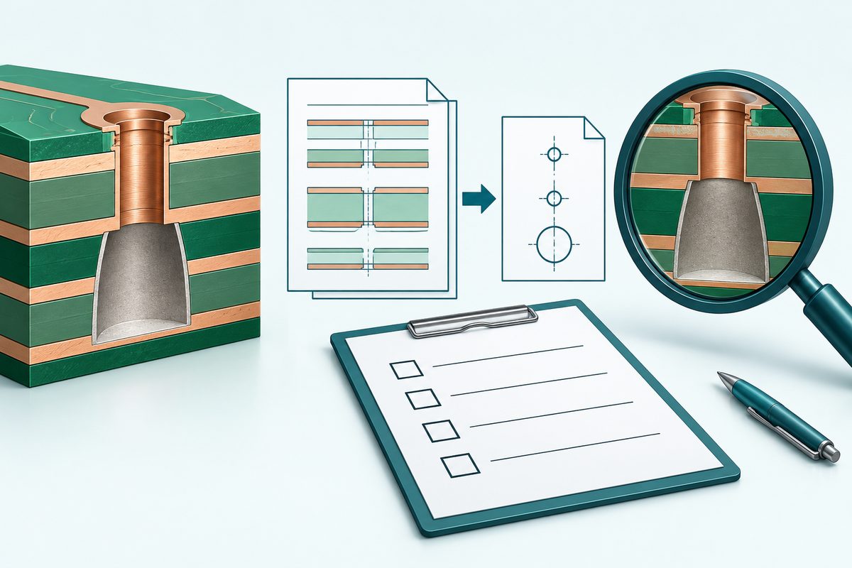 Conceptual backdrill release package with a PCB cutaway, layer drawing, drill-file icon, and magnifier