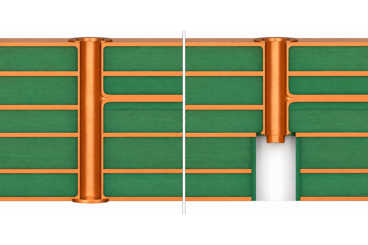 Conceptual comparison of an unused through-via barrel and a widened backdrilled cavity below a retained signal connection