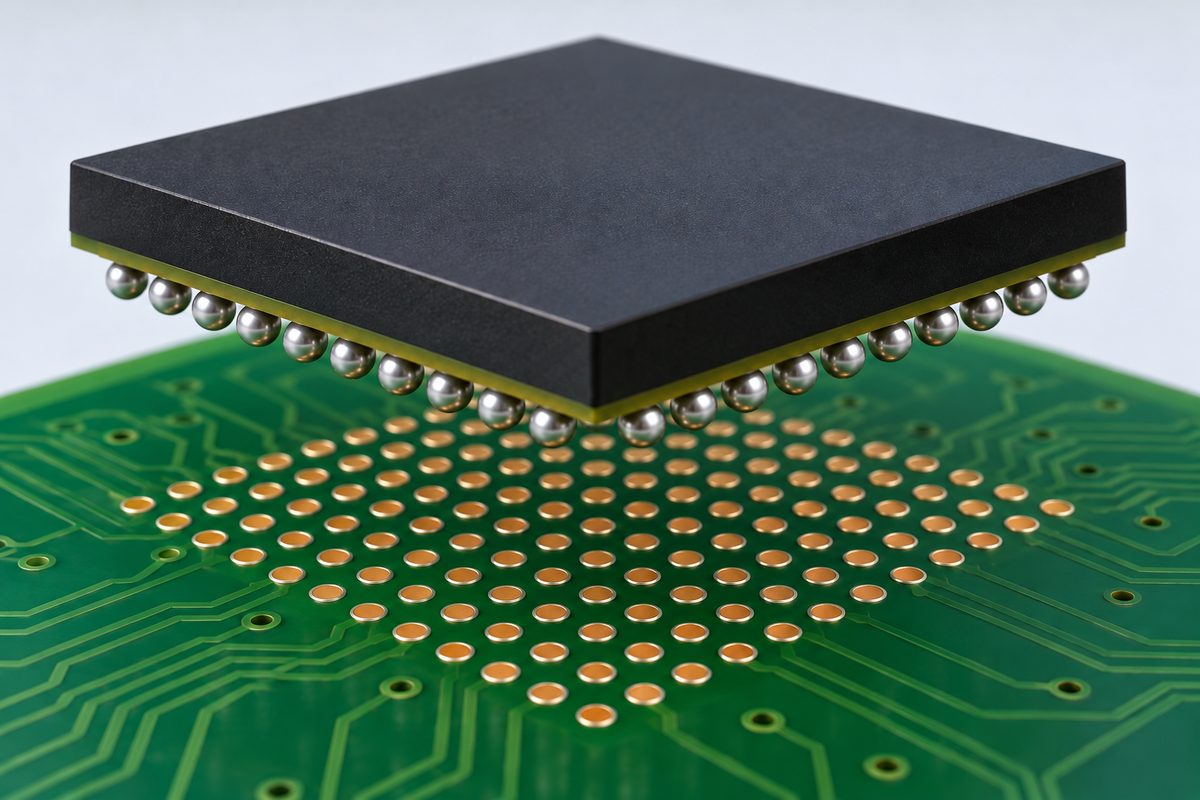 Conceptual exploded BGA package with a grid of solder spheres above a matching PCB pad array