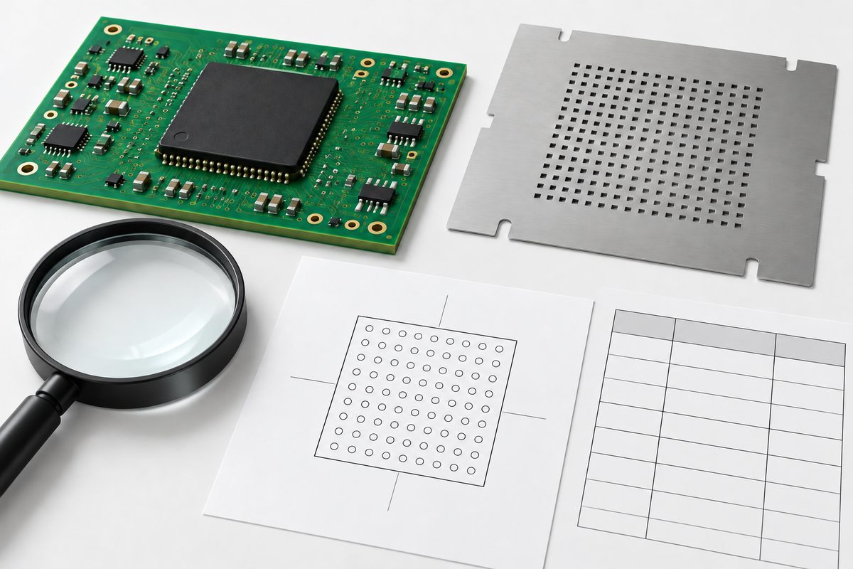 Conceptual BGA board beside a separate stencil, blank inspection records, a package drawing, and a magnifier