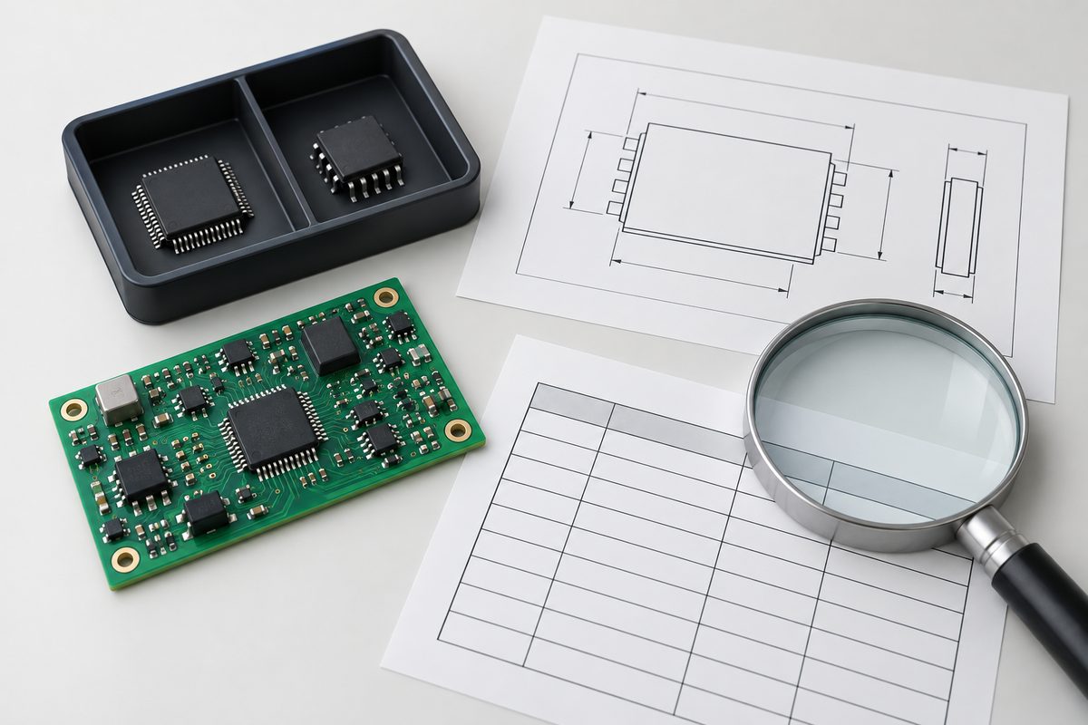 Conceptual PCB and separate IC samples beside blank engineering checklists, a package drawing, and a magnifier