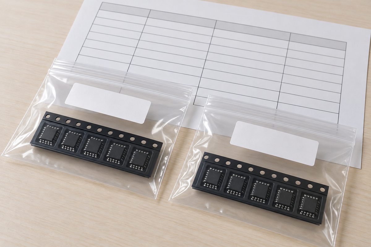 Conceptual separately bagged carrier-tape strips with blank labels beside an unlabelled BOM table