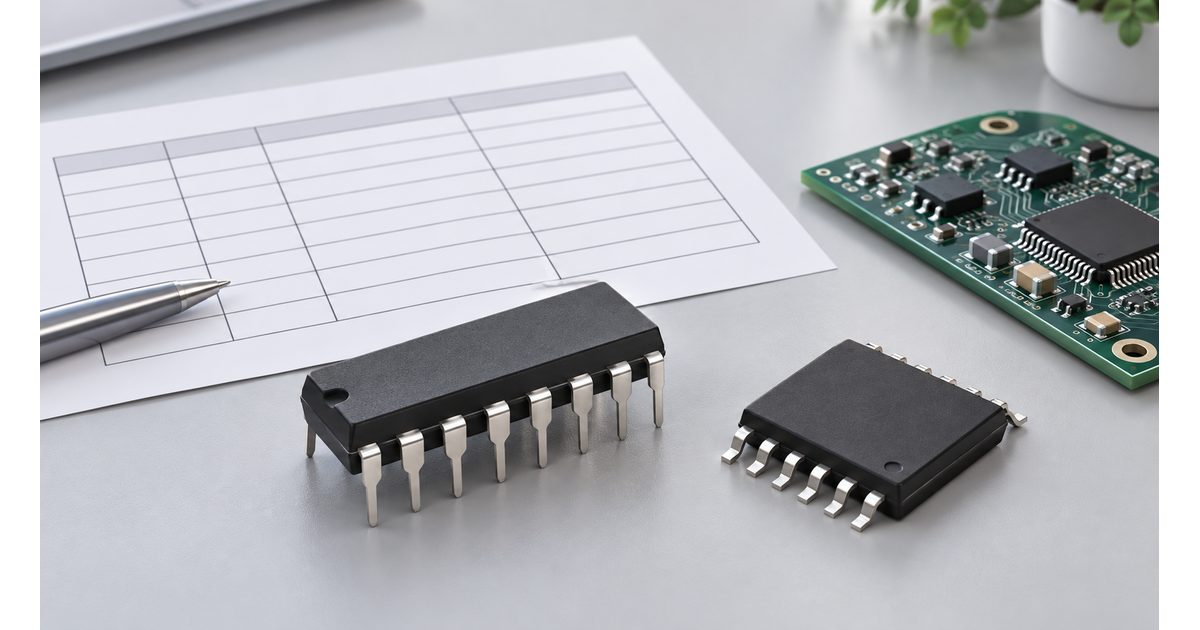 Conceptual generic IC packages beside a blank BOM table and a small assembled PCB