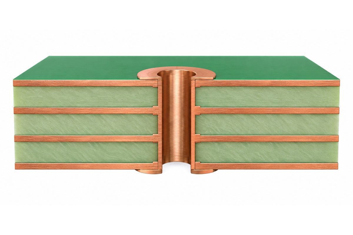Conceptual PCB CAF path between biased plated holes inside laminate
