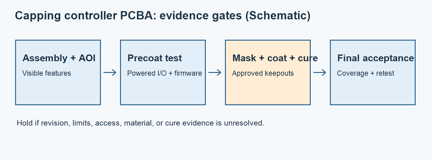 Schematic of capping controller PCBA hold points from assembly inspection through precoat test, masking and cure, and final acceptance