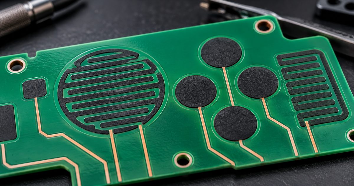 Conceptual carbon-ink contact patterns printed on a green PCB