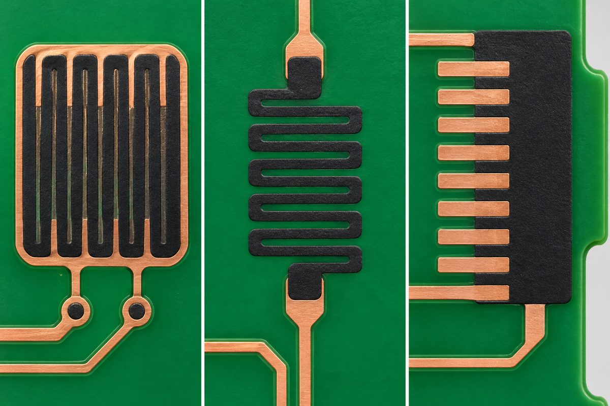 Conceptual comparison of carbon-ink keypad, resistor, and sliding-contact PCB features