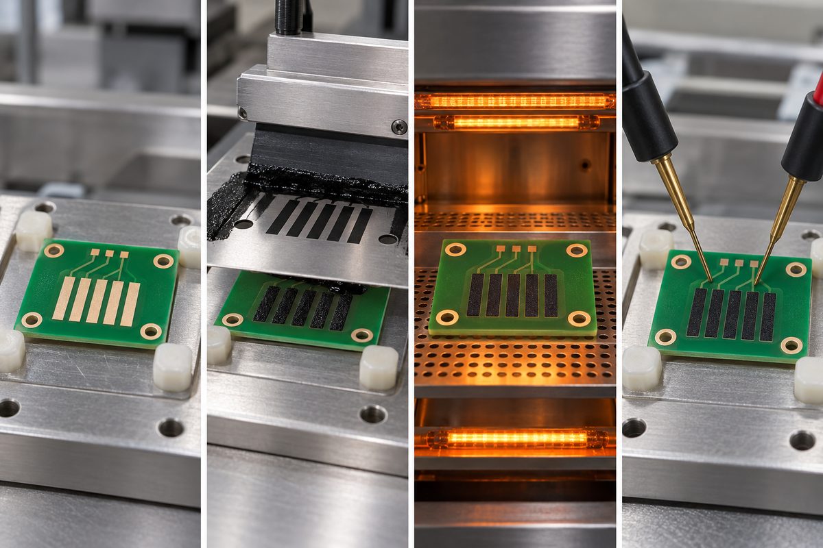 Conceptual sequence of PCB preparation, carbon-ink printing, curing, and resistance inspection