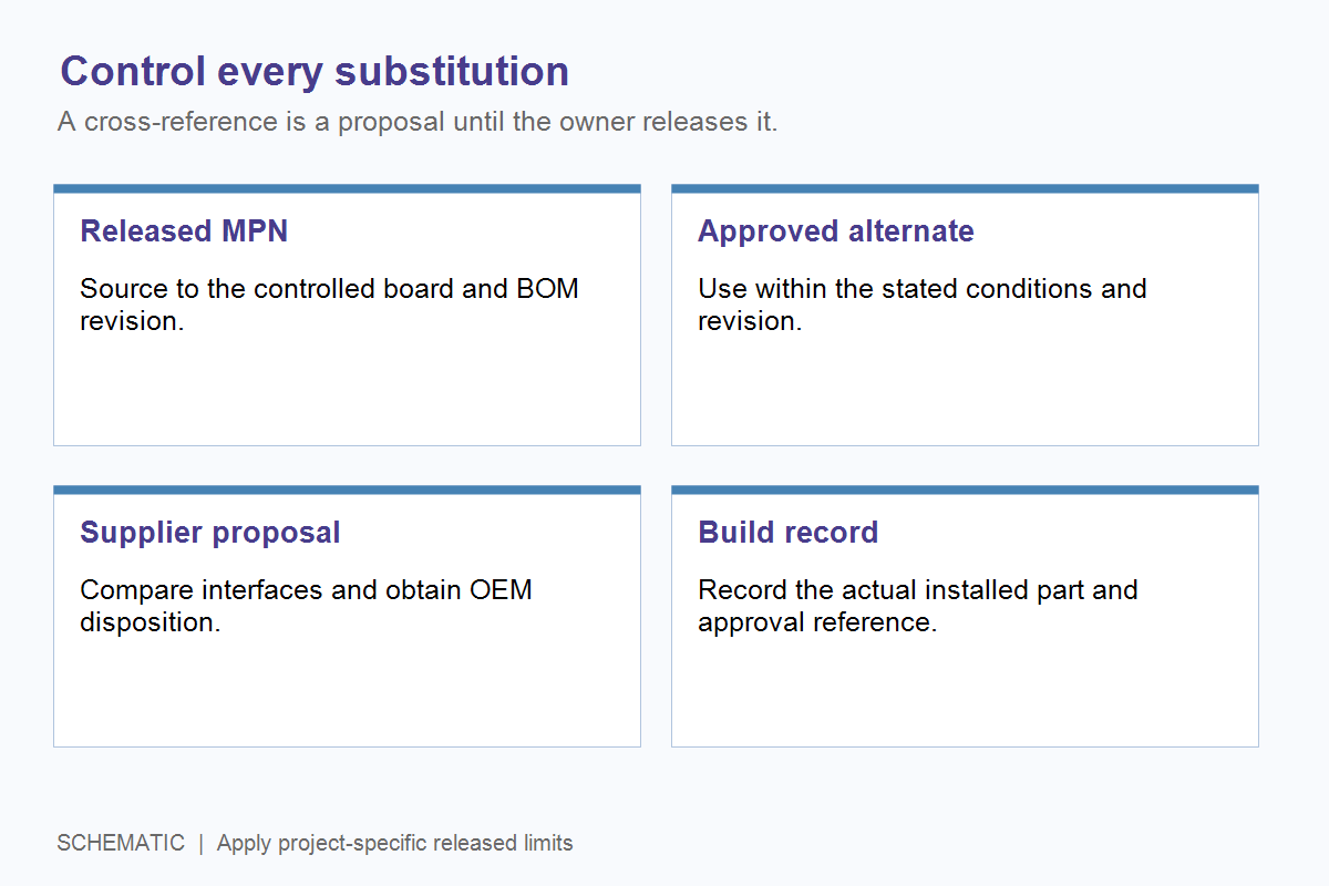 Schematic of the decision path from released component through proposed alternate to owner approval and build record