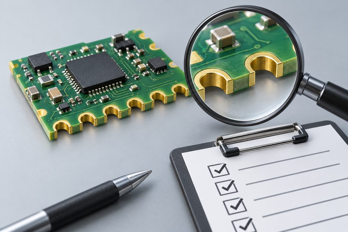 Conceptual inspection of castellated module edge contacts beside a blank engineering checklist