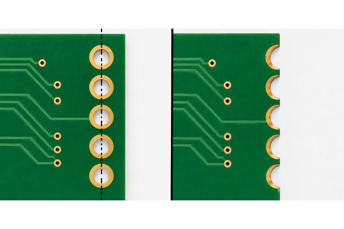 Conceptual comparison of plated holes before profiling and semicircular edge contacts after profiling