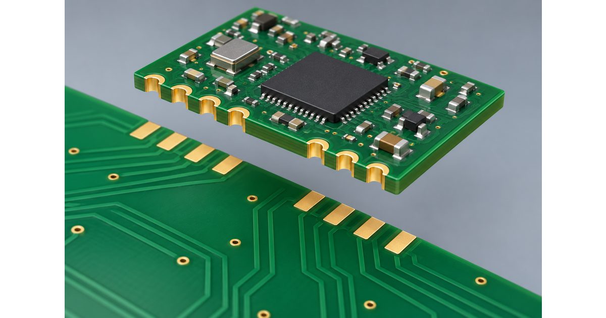 Conceptual castellated PCB module above matching host-board solder pads