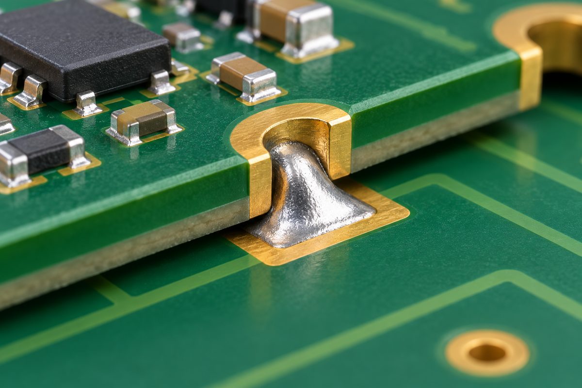 Conceptual section of a castellated module edge soldered to a host PCB land
