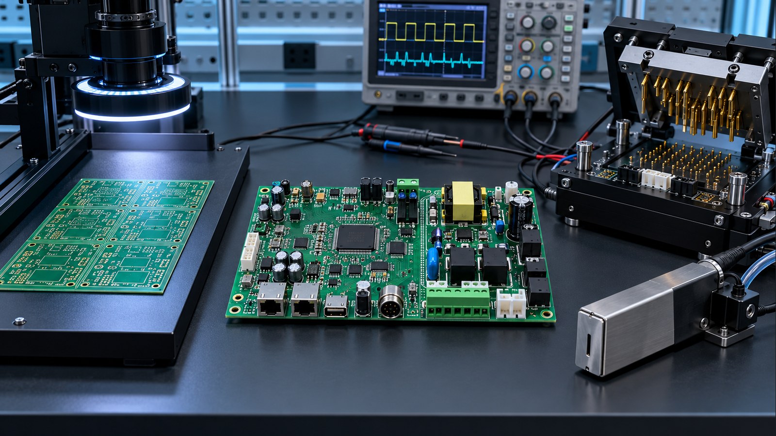 Continuous inkjet controller PCBA between bare-board inspection and a bed-of-nails functional test fixture on an empty engineering bench