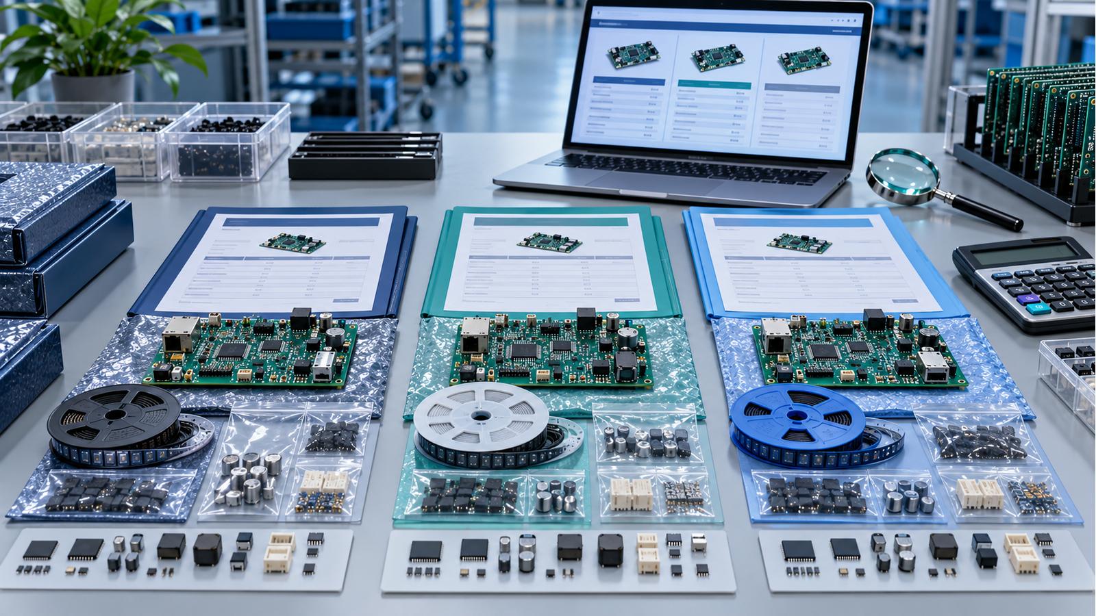 Three PCB assembly quote packages with boards, component reels, calculator, and sourcing samples on an empty table