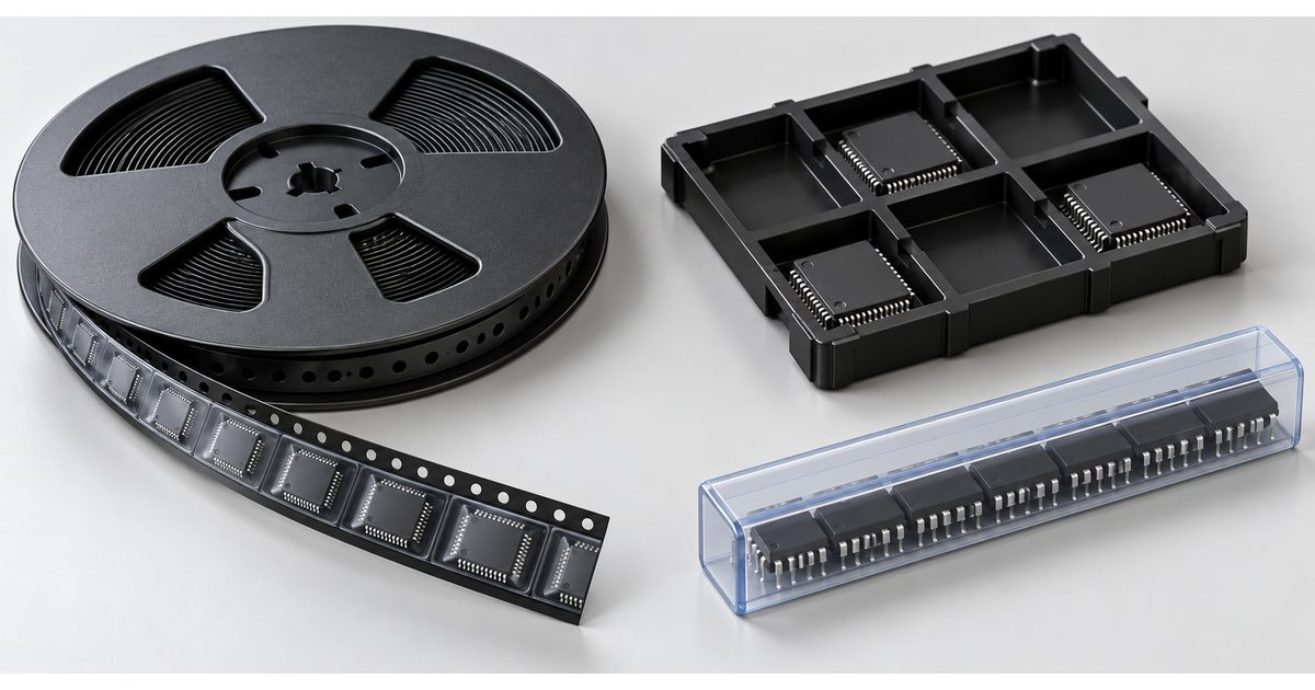 Conceptual component reel with carrier tape beside a molded IC tray and a translucent shipping tube