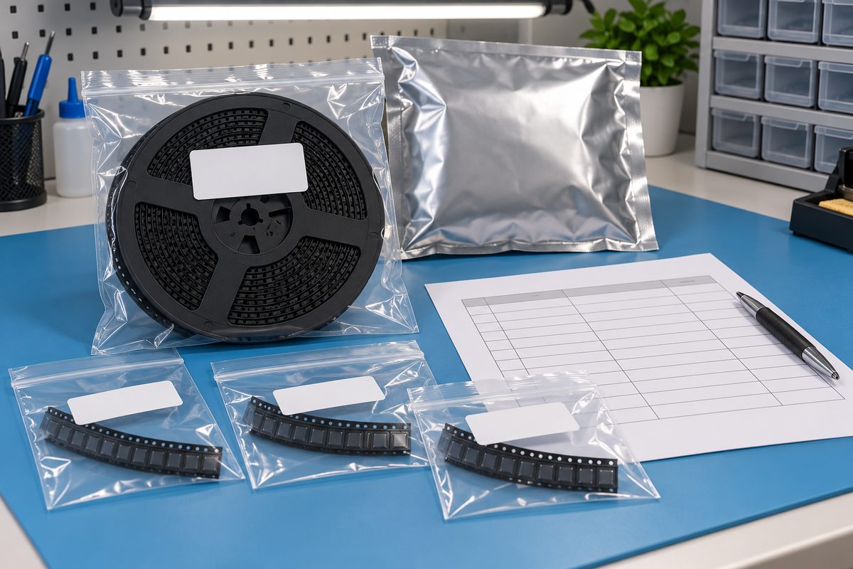 Conceptual component reel and separately bagged cut-tape strips beside blank labels, a receiving checklist, and a silver barrier bag