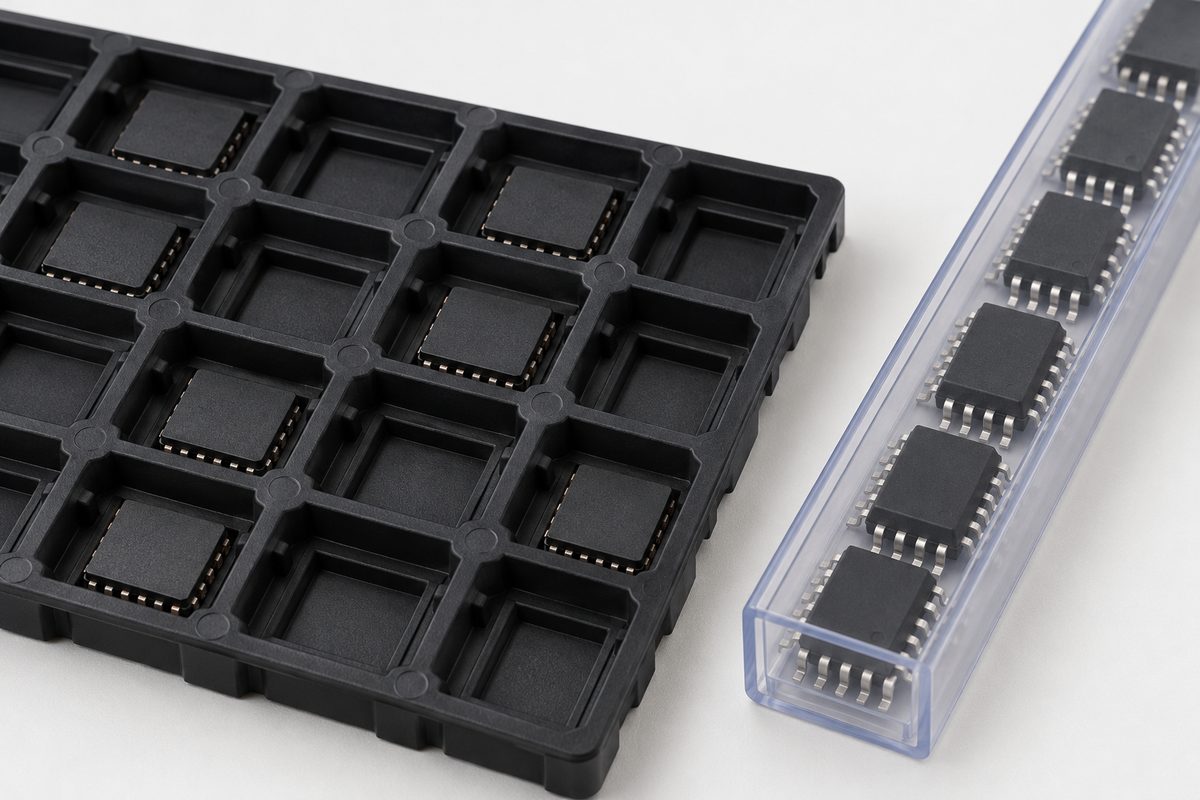 Conceptual black component tray with separate IC pockets beside a translucent tube holding aligned IC devices