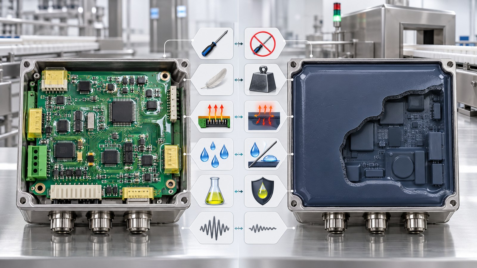 Side-by-side food-line metal detector controller PCB comparison showing thin conformal coating and full potting encapsulation in empty stainless enclosures