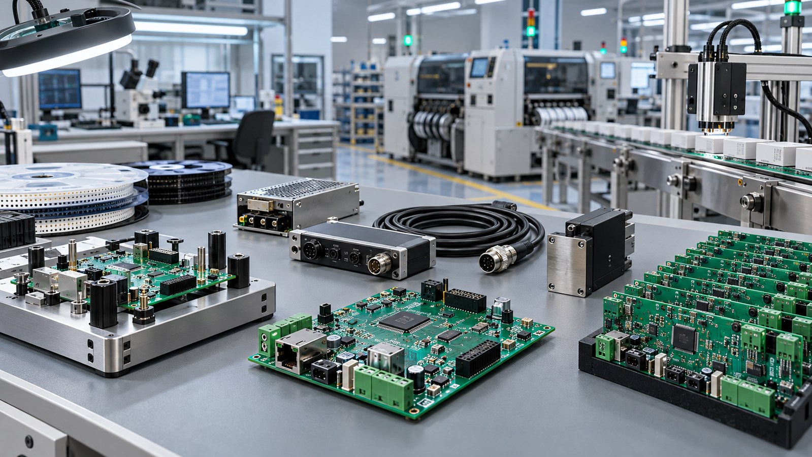 Continuous inkjet controller PCBA, test fixture, component reels, and a small production batch in an empty electronics manufacturing lab