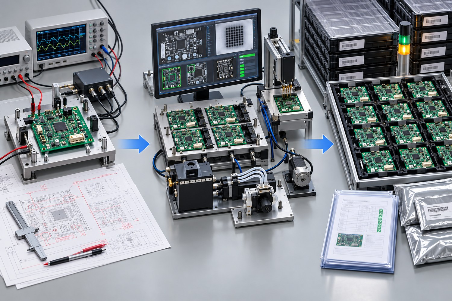 Continuous inkjet controller PCBA progressing from one engineering prototype through a fixture-tested pilot lot to traceable volume-production trays