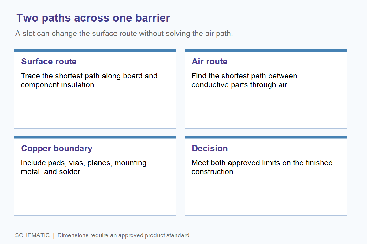 Schematic comparing surface creepage and through-air clearance paths across a PCB barrier