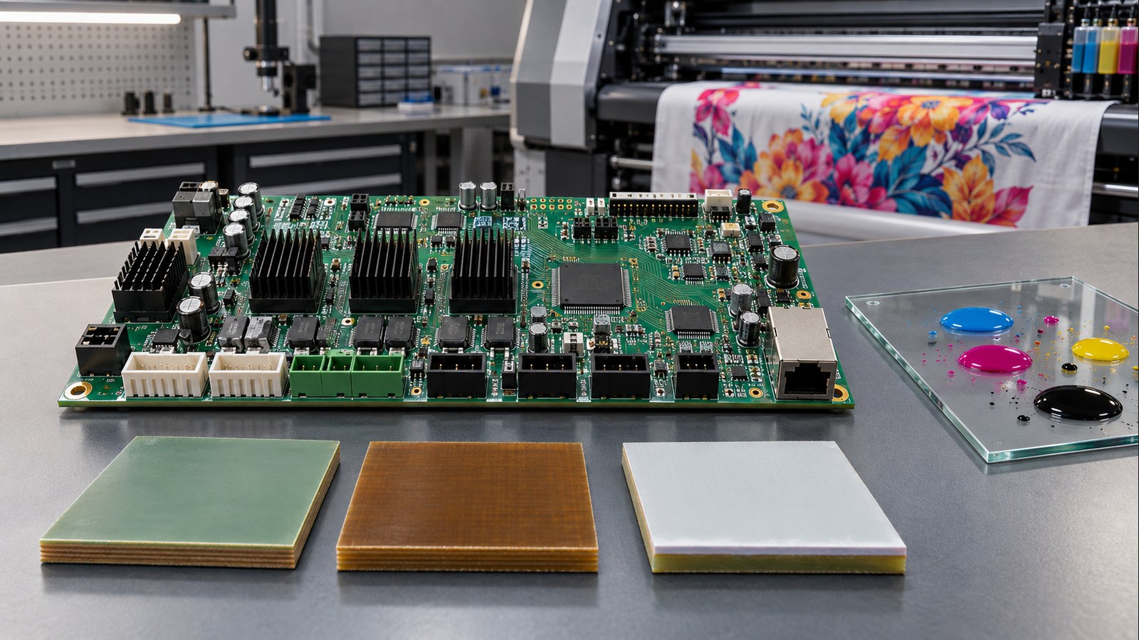 Digital textile printer controller PCBA with laminate coupons and contained ink samples on an empty engineering bench