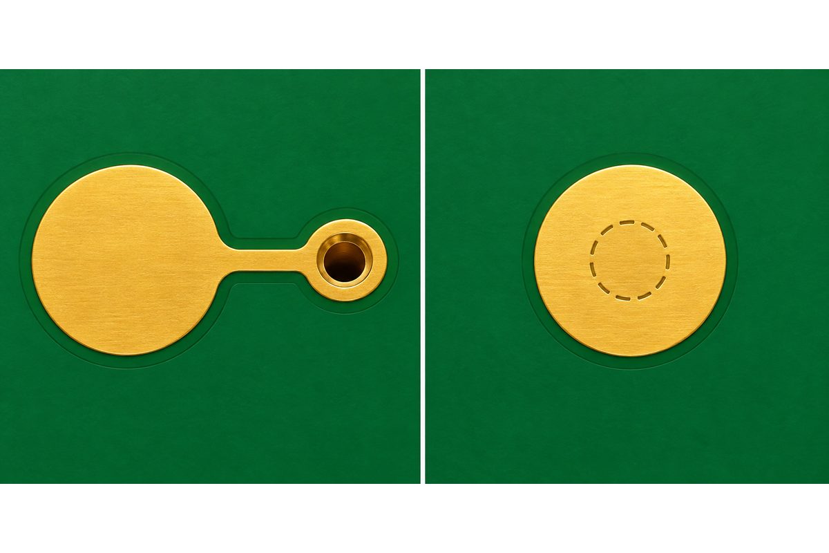 Conceptual top-view comparison of dog-bone fanout and a via centered within a component pad