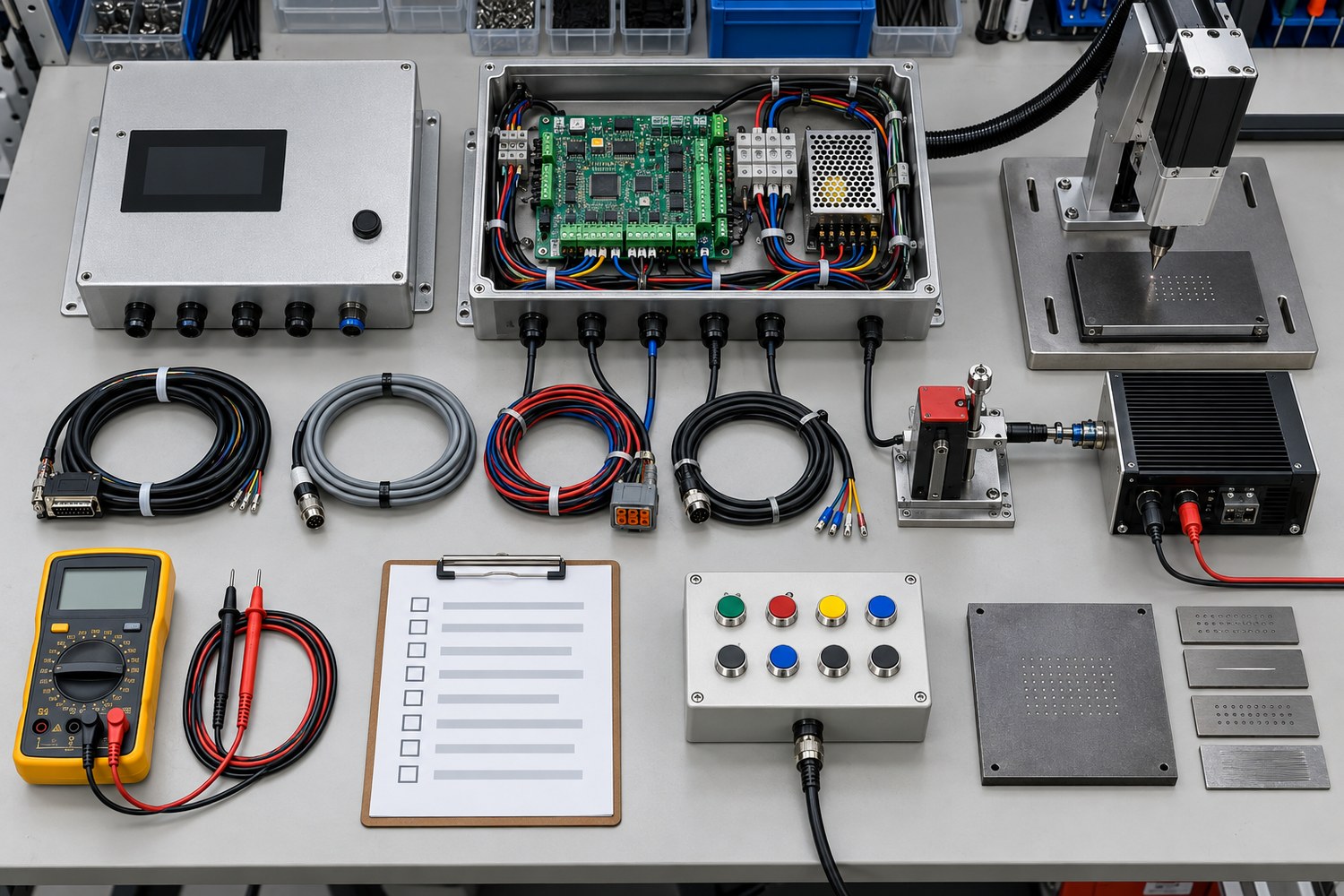Dot peen controller enclosure, wiring harnesses, multimeter, interface simulator, marking head, and acceptance checklist arranged on an empty validation bench